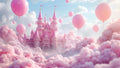 Fototapete Zauberschloss in den Wolken mit rosa Ballons für Mädchenzimmer