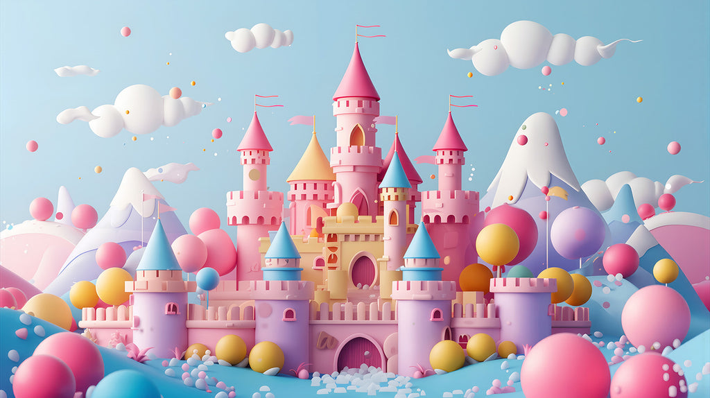 Fototapete Buntes Märchenschloss im Pastellstil für Mädchenzimmer