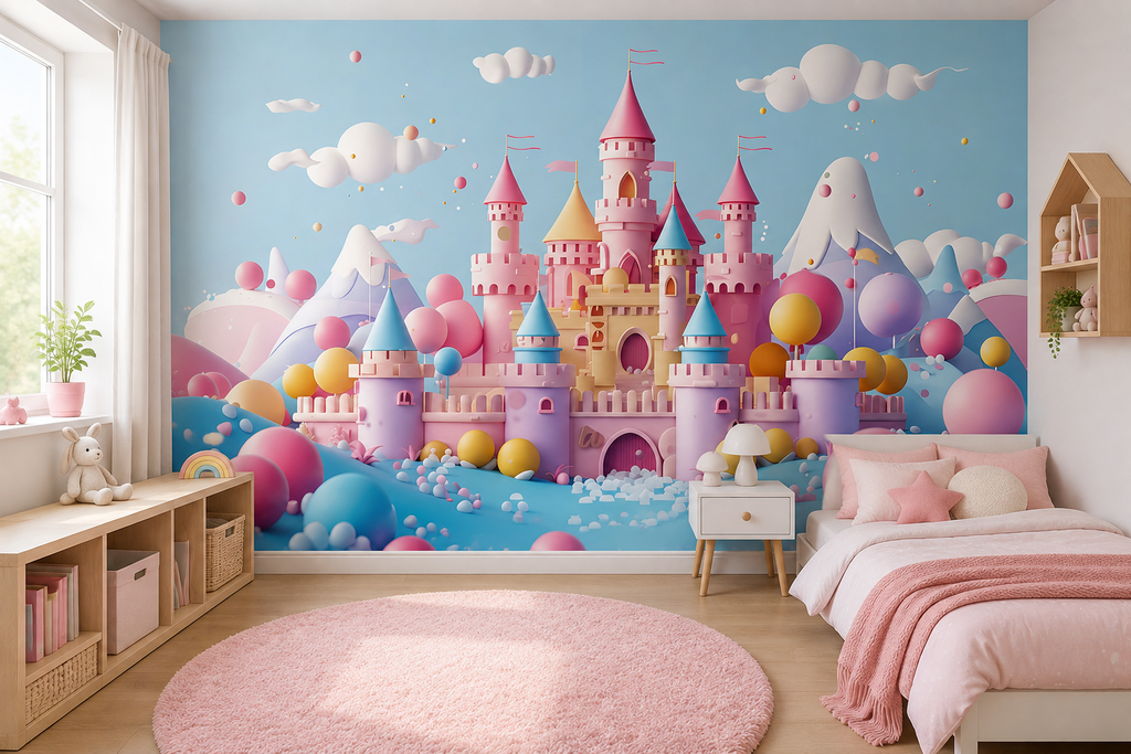 Fototapete Buntes Märchenschloss im Pastellstil für Mädchenzimmer