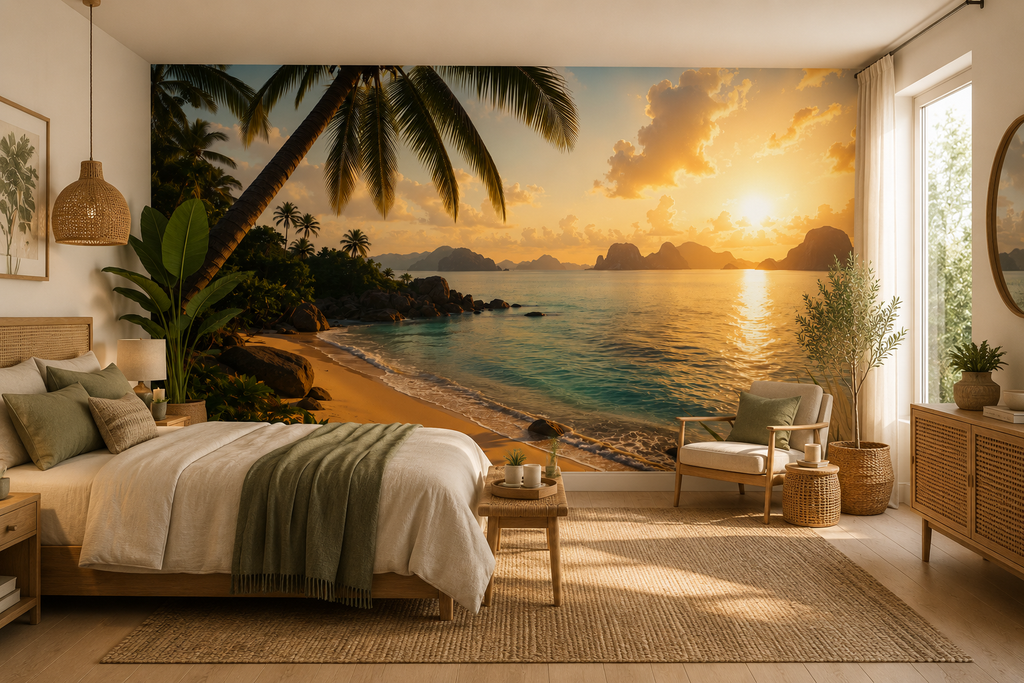 Fototapete Tropischer Strand im goldenen Sonnenuntergang