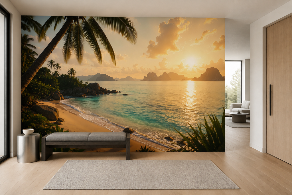Fototapete Tropischer Strand im goldenen Sonnenuntergang