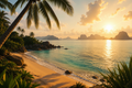 Fototapete Tropischer Strand im goldenen Sonnenuntergang