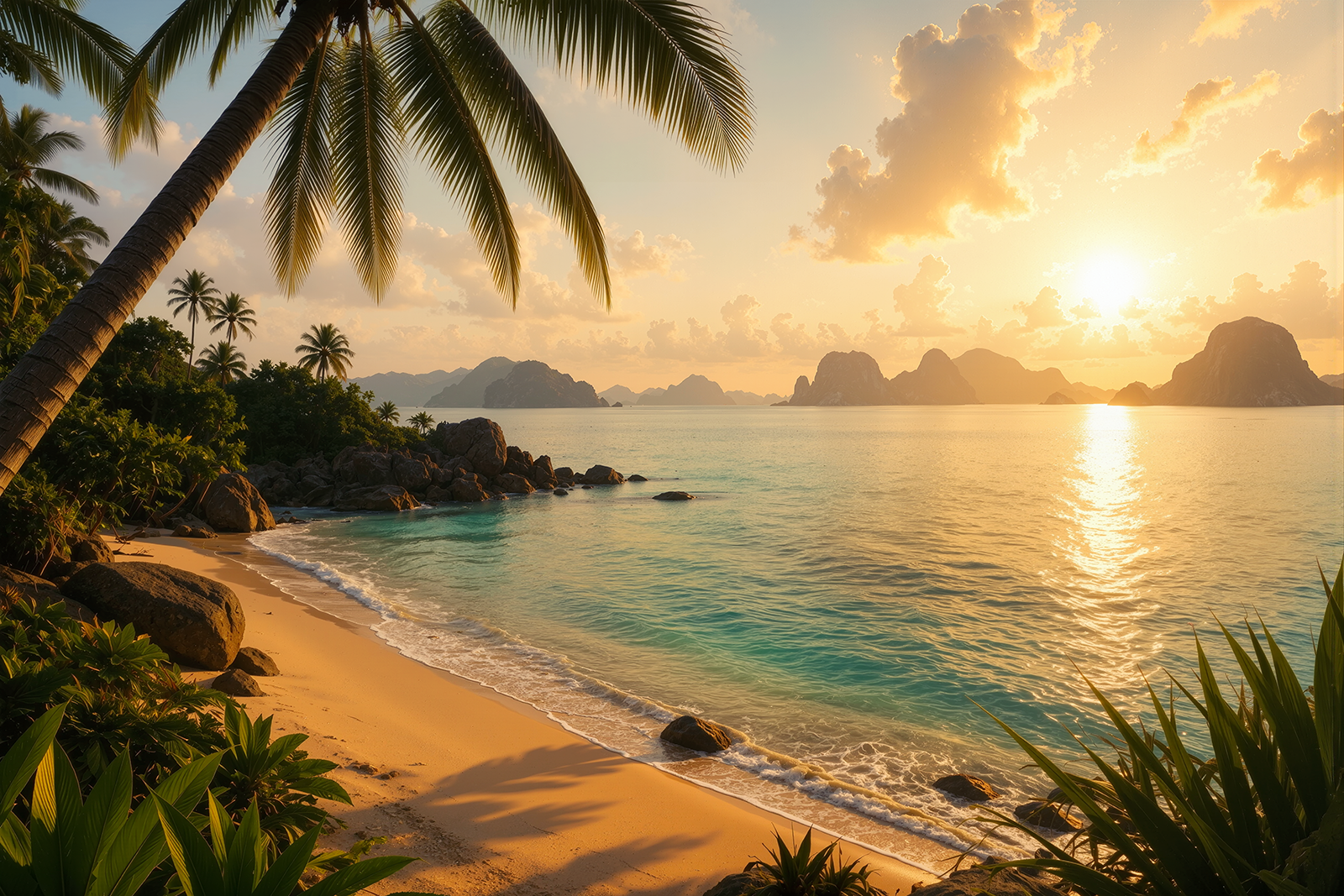 Fototapete Tropischer Strand im goldenen Sonnenuntergang