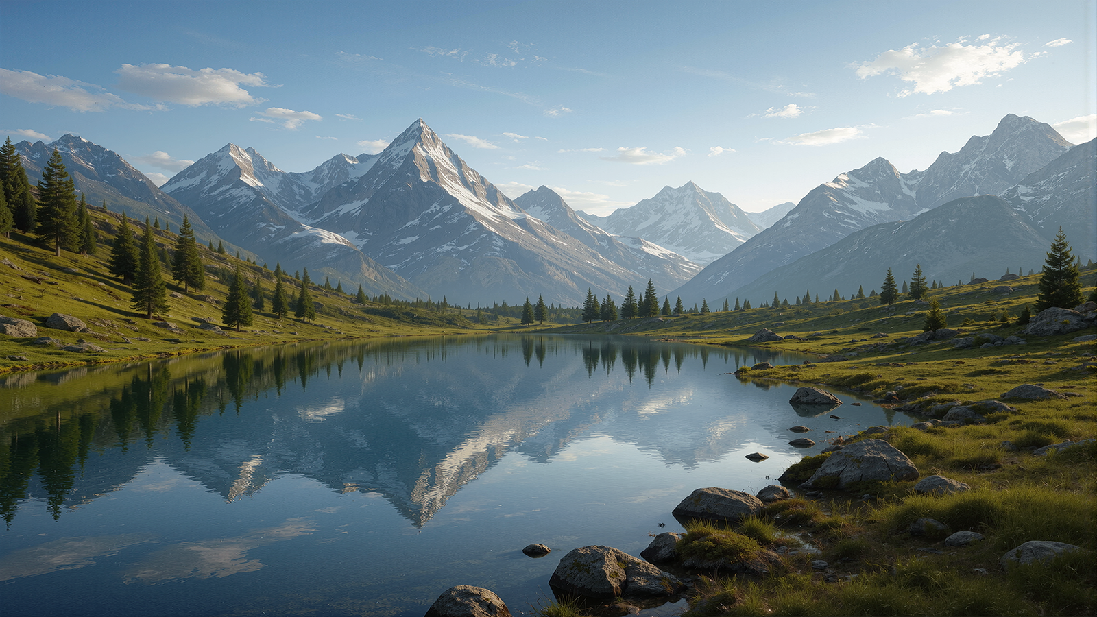 Fototapete Bergsee mit majestätischem Alpenpanorama