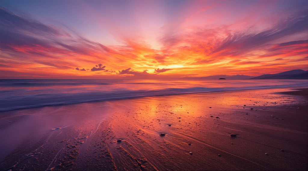 Fototapete Sonnenuntergang am ruhigen Sandstrand