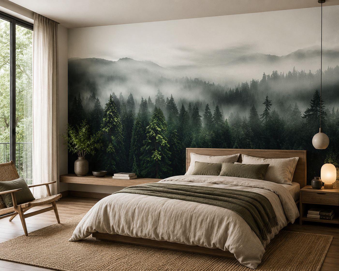 Fototapete Nebelwald mit Tannenpanorama