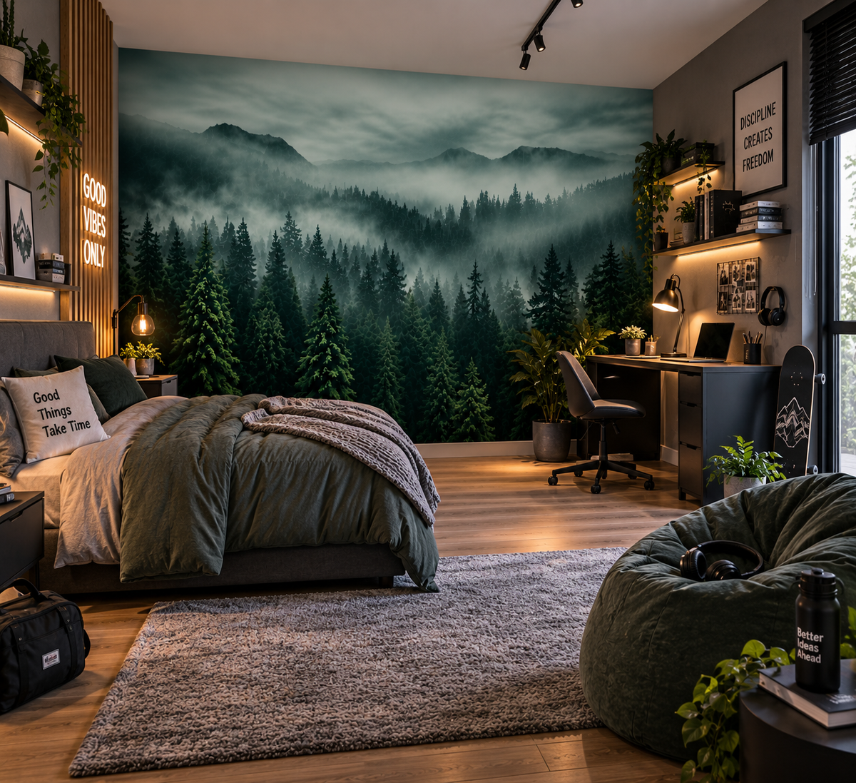 Fototapete Nebelwald mit Tannenpanorama