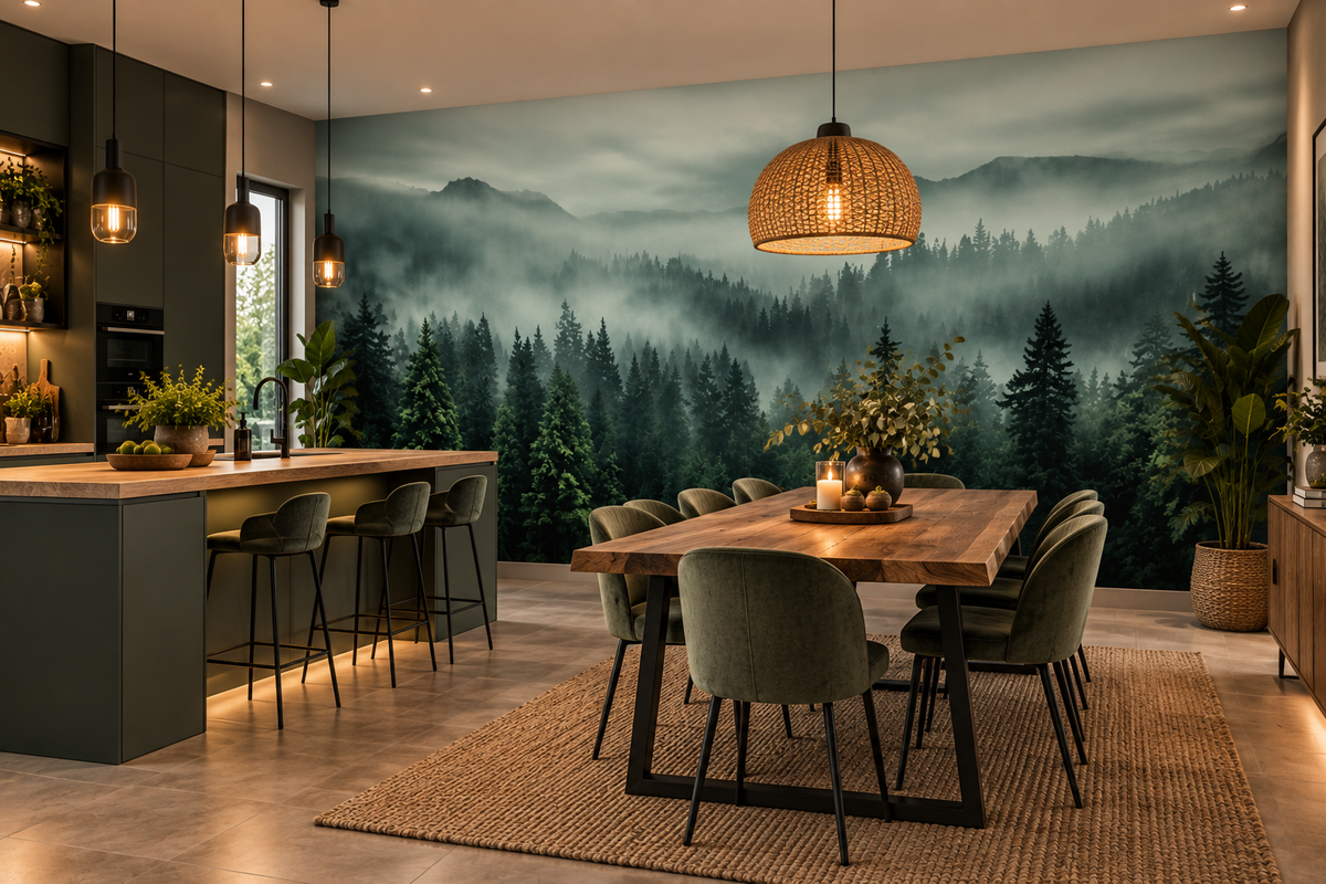 Fototapete Nebelwald mit Tannenpanorama