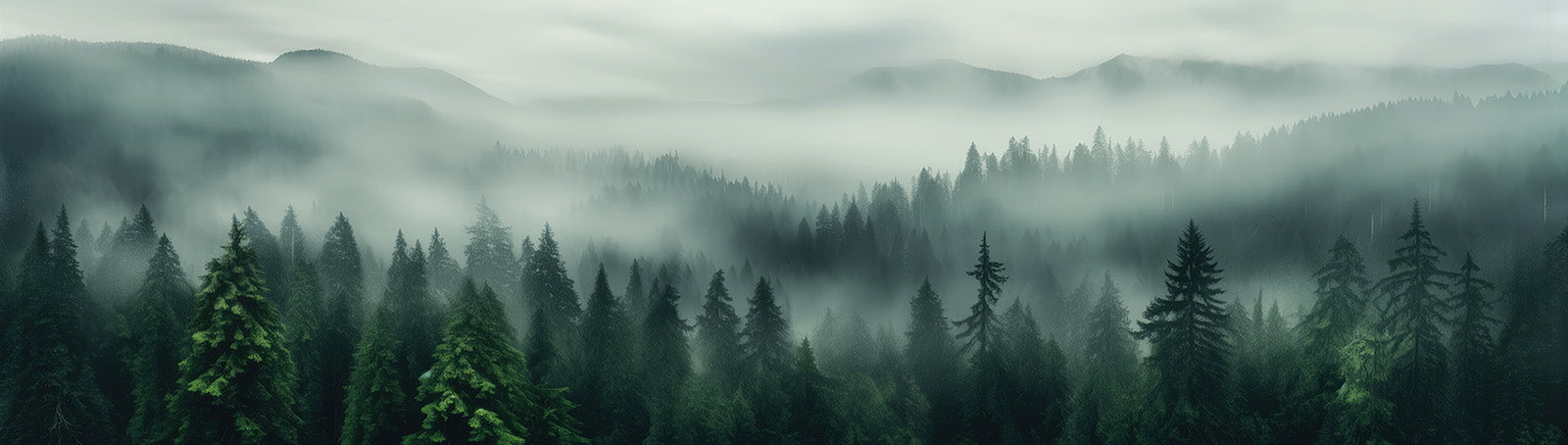 Fototapete Nebelwald mit Tannenpanorama