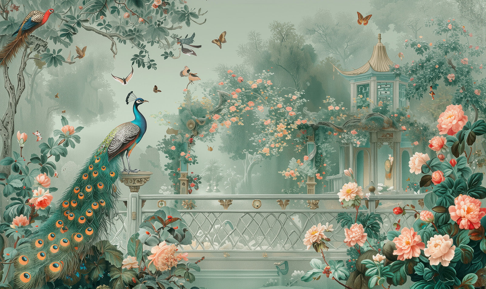 Fototapete Eleganter Pfau im romantischen Garten