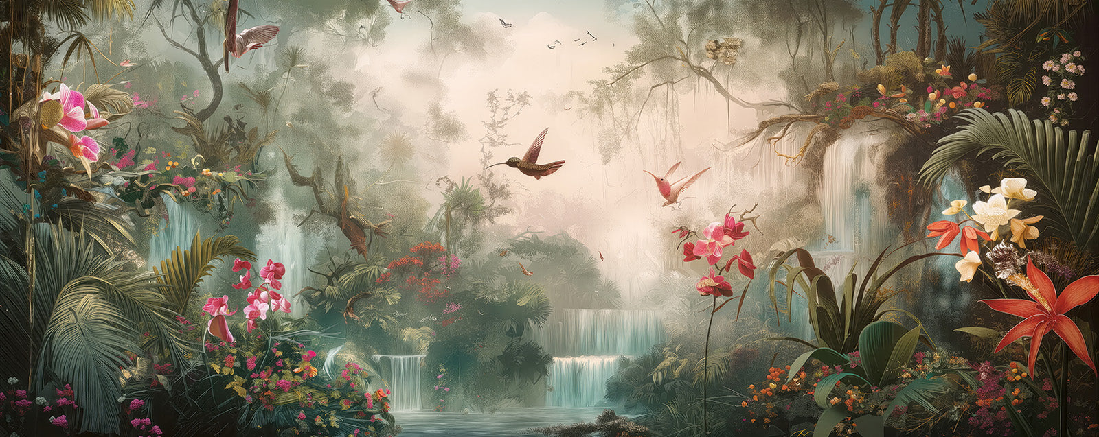Fototapete Tropischer Wasserfall mit exotischen Vögeln