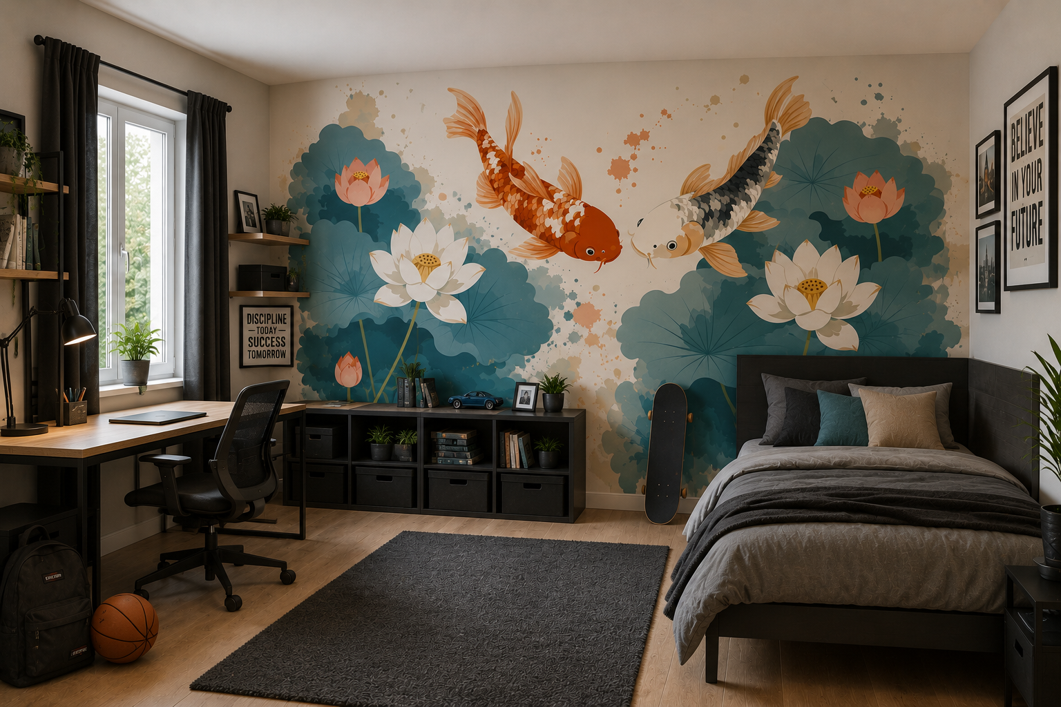 Fototapete Koi mit Lotusblüten